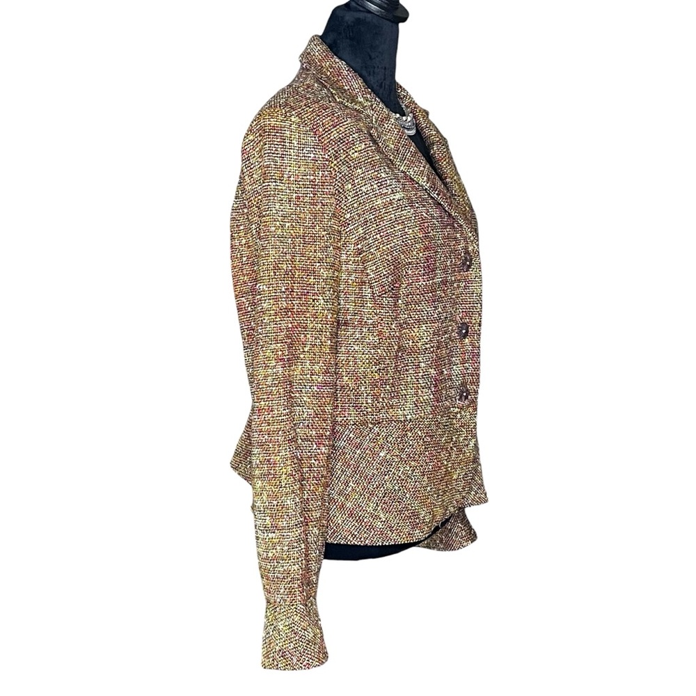 TALBOTS Tweed Brown Tan Green Crop Lined Blazer with Peplum Silk Blend SZ 14 - Picture 2 of 12